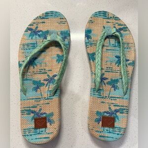 Roxy Tropical Print Flip Flops with Aqua Straps